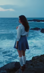 woman standing on rocks overlooking ocean in front of water