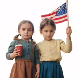 two little girls in dresses and jackets with american flag