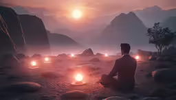 man in suit sitting in front of rock formation with glowing rocks and boulders