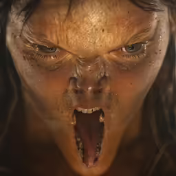 an adult male with mouth open and very large teeth