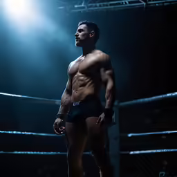 a muscular man stands in the dark, ready for his next fight