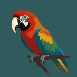 a red and blue parrot on a branch with a green background