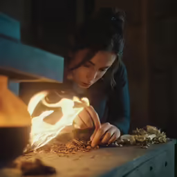 a girl looking at a flame with her hands