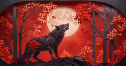 a wolf is standing in front of a red moonlight