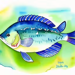 an ink drawing of a fish on a green and yellow background,a blue and white fish with a red eye