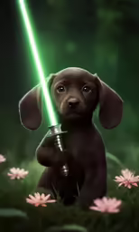 the puppy is sitting with a lightsabe on