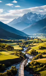 a wide view of mountains and river from a small bridge