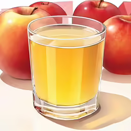 there is a glass of apple juice next to two pieces of fruit
