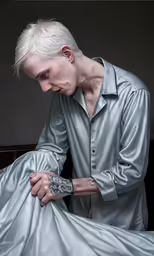 a white man in a satin robe holding something while sitting on a bed