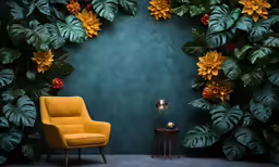 a chair and a lamp on a shelf near large tropical leaves