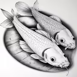 drawing two fish in an egg shell with a pencil