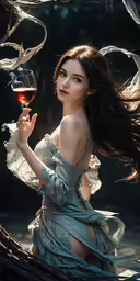 a woman holding a glass of wine by a piece of fruit