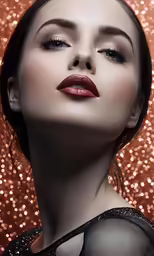 a woman with red lips is in a glitter background
