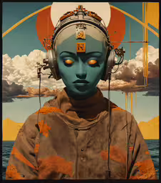 a woman in headphones is standing near the water,a painting with an image of a woman wearing headphones
