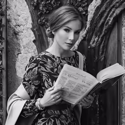 a woman reading a book in front of a tree
