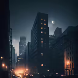 dark city street and skyscrapers at night with the moon above