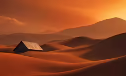 an old shack in the desert with mountains in the background