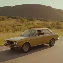 an old model station wagon driving down the road