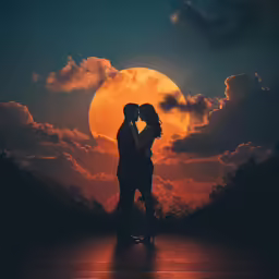 a man and woman kissing in front of a moon setting