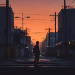 a man walking on the street during a sunset