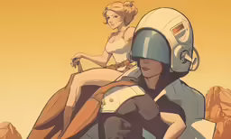 two women in costume sit on an orange background