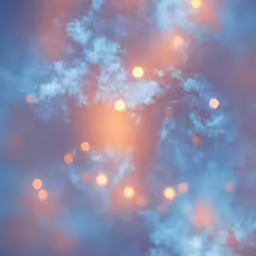 some yellow street lights on top of a foggy sky