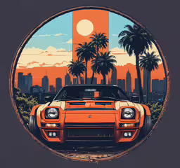 the image is in the shape of a circular,an orange car on top of a street with palm trees