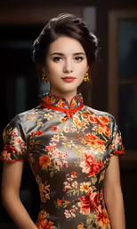 the young woman wearing a dress has a red flower on it