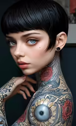 a woman with tattoos on her chest and shoulders