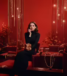 a woman sitting on a couch in a red room