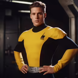 a man in a yellow and black costume holding his hand on his hip