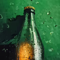 a glass bottle with water drops on the ground