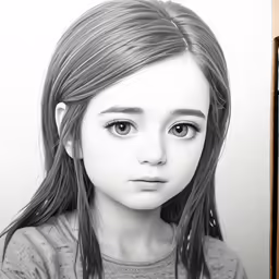 the little girl with bangs and a sad face is looking into the camera