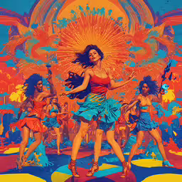 an art - print of a women dancing in front of a bright background,a poster of girls dancing in front of a bright background