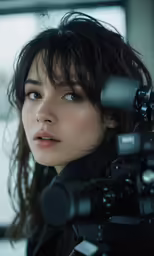 an asian woman with blue eyes, black coat and camera