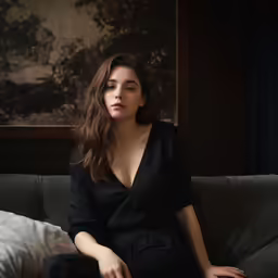 woman sitting on couch wearing black outfit and posing for a portrait