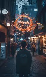 a young man stands on the street, surrounded by shops