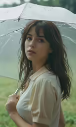 a girl is standing under an umbrella and holding her hands out