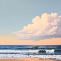 an oil painting shows a beach scene with a sky in the background