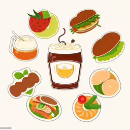 the fruit, vegetables and drinks have been arranged in a circle,a round up of food in the middle of the frame,an illustration of various foods and beverages on a white background,a number of foods that have a drink in it,a bottle of drink surrounded by many different foods