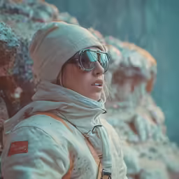 the woman is wearing glasses and a beanie