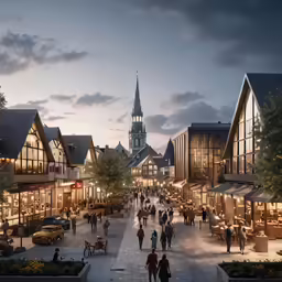 a group of people walking around a town plaza