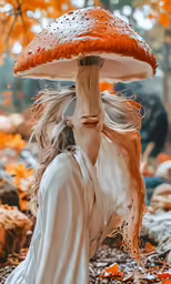 a girl with long hair and long sleeves on holding an orange mushroom