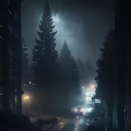 the night sky and street lights are on a foggy city street