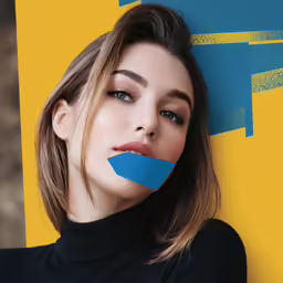 the woman has blue tape on her face as she poses with yellow painted background