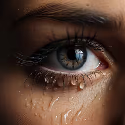 the upper portion of an eye with water dripping from it,an eye is shown with water droplets on the iris
