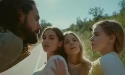 four young people standing beside each other on the side of the road