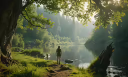 a man stands on the shore of the river as the sun goes down