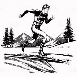 a running man in the mountains with trees on both sides
