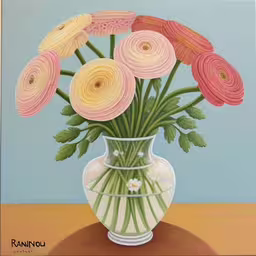 painting of some kind of a flower in a vase,a painting of a vase with flowers in it,an image of a painting of a bouquet of flowers,a painting of flowers in a vase on a table,a vase of flowers is sitting on a table